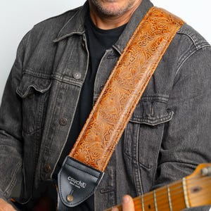 Hand Tooled Western Vegan Leather Guitar Strap, Extra Wide Padded Bass Strap