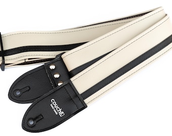 White and Black Racer Stripe Guitar Strap - Vegan, Made In USA, Built To Rock