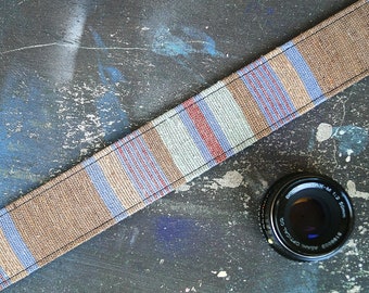 Mexican Blanket Camera Strap- Sand & Turquoise Baja Boho Style- Made Of Vintage Fabric