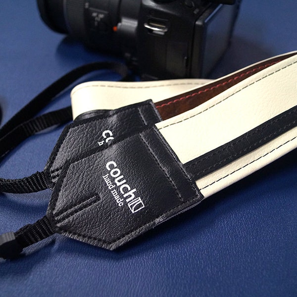 White & Black Racing Stripe Camera Strap - Heavy Duty - Made in USA - Vegan