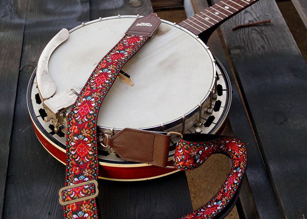 Hendrix Banjo Strap With Aged Bronze Hardware Boho Hippie Banjo Straps With  Vegan Leather Ends 