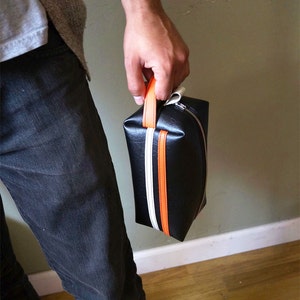 Mens Racing Stripe Dopp Kit Black Orange White, Travel Toiletry Bag, Shave Kit, Vegan Leather, Mens Gift Made In USA image 5