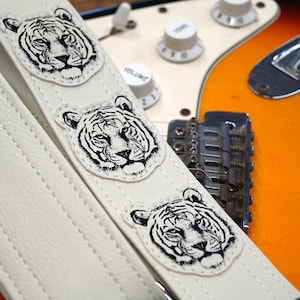 White Tiger Guitar Strap, Hand Sewn Tigers On White Vegan Leather, Made In USA image 1