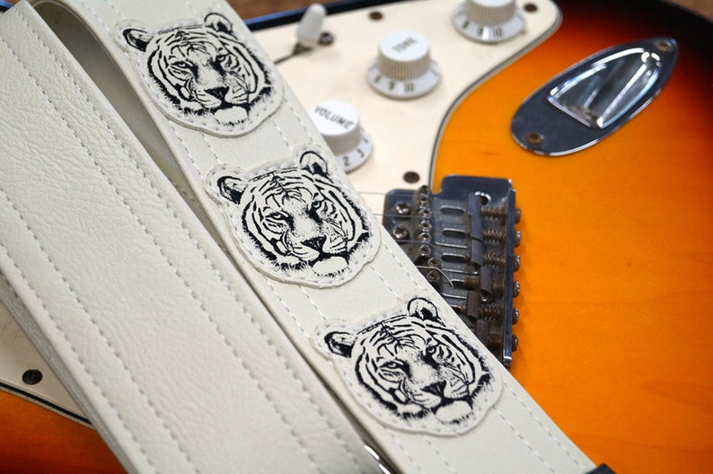 White Tiger Guitar Strap, Hand Sewn Tigers On White Vegan Leather, Made In USA image 1