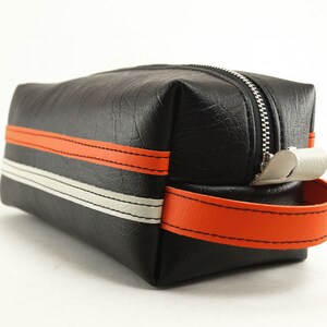 Mens Racing Stripe Dopp Kit Black Orange White, Travel Toiletry Bag, Shave Kit, Vegan Leather, Mens Gift Made In USA image 2