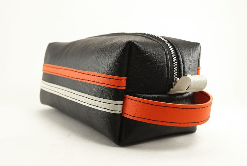 Mens Racing Stripe Dopp Kit Black Orange White, Travel Toiletry Bag, Shave Kit, Vegan Leather, Mens Gift Made In USA image 2