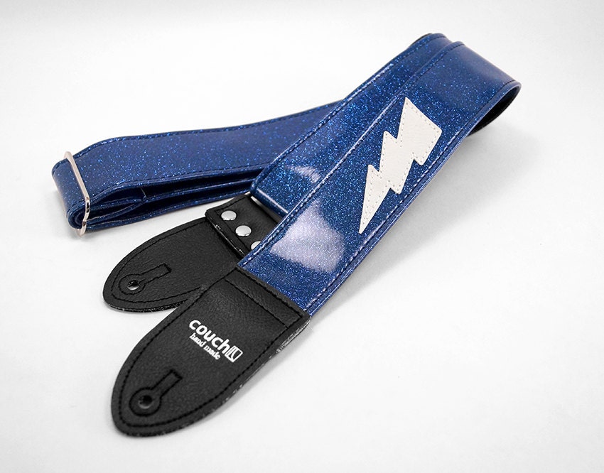 Custom Blue Sparkle Lightning Bolt Guitar Strap- 60s Metal