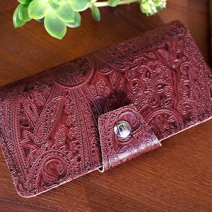 Paisley Oxblood Womens Long Wallet, Embossed Vegan Leather, Holds Checkbook, Change, Phone, Handmade In USA image 2