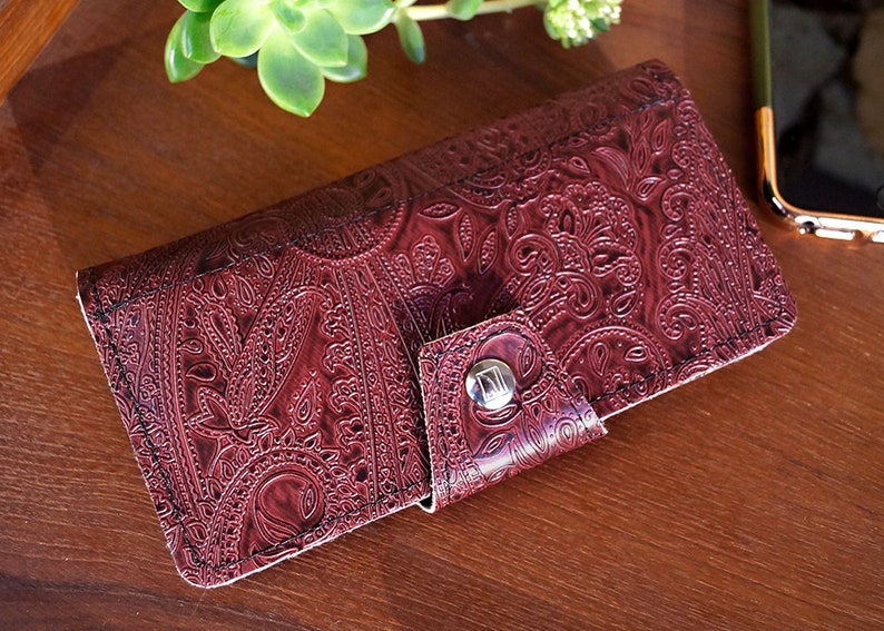 Paisley Oxblood Womens Long Wallet, Embossed Vegan Leather, Holds Checkbook, Change, Phone, Handmade In USA image 2