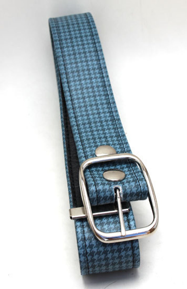 Vintage Blue GTO Belt Upcycled Houndstooth Plaid, Car Seat Vegan Leather Vinyl, Unisex image 3