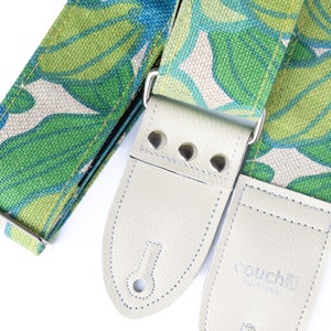 70s Laurel Canyon Floral Guitar Strap , Made of Vintage Fabric and White Vegan Leather Ends