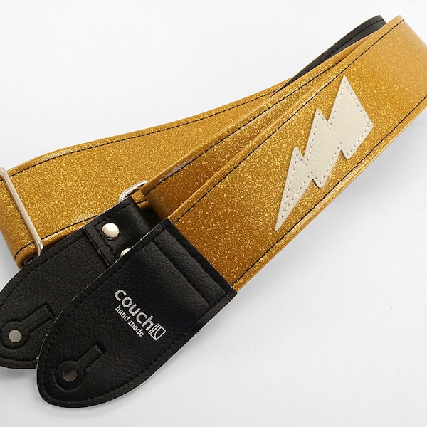 Custom Gold Sparkle Lightning Bolt Guitar Strap, Metal Flake 60s Vinyl, Made In USA Built To Rock