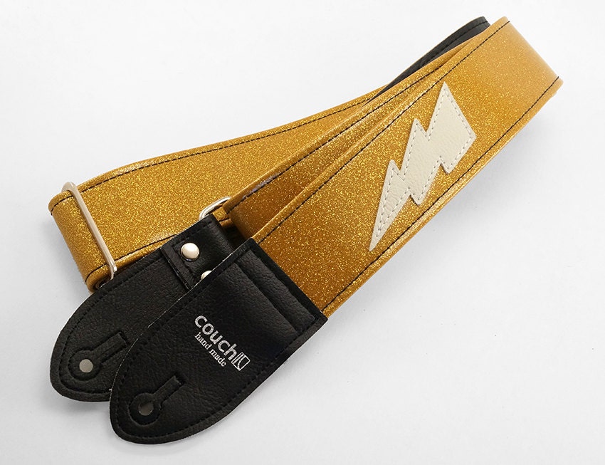 Custom Gold Sparkle Lightning Bolt Guitar Strap, Metal Flake