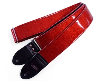 Red Metal Flake Sparkle Guitar Strap, Hand Made Vegan Leather