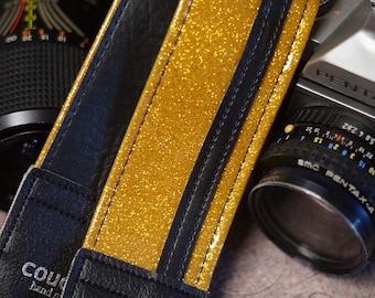 Gold Camera Strap With Black Racing Stripe- Cool Vintage Sparkle - Hand Made In USA