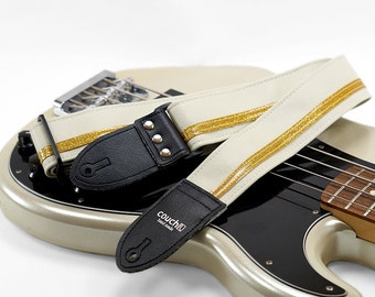 White and Gold Racing Stripe Guitar Strap- Metallic Flake Sparkle