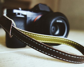 Camera Wrist Strap- Brown and Vintage Army Green with Yellow Stitching