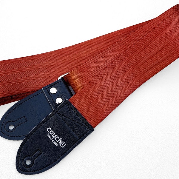Deepest Terra Cotta Guitar Strap Made of Recycled Seatbelt and Vegan Ends