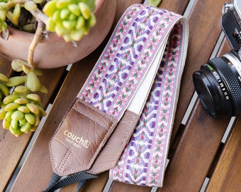 Lilac Bohemian Vegan Camera Strap, Boho Lilac and Pink with Buckskin Vegan Leather Ends