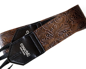 Dark Brown Western Camera Strap - Hand Tooled Look Hand Made In USA