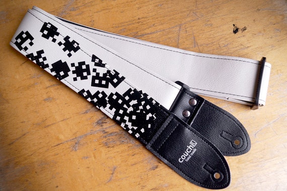 I Am 8 bit Guitar Strap 80s Video Game Style Black and White