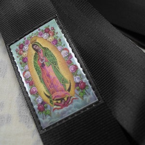 Mary Guadalupe Seat Belt Guitar Strap Vegan Eco Friendly Guitar Strap Black or Maroon image 2