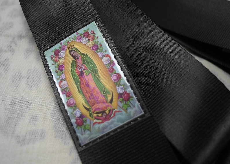 Mary Guadalupe Seat Belt Guitar Strap Vegan Eco Friendly Guitar Strap Black or Maroon image 2