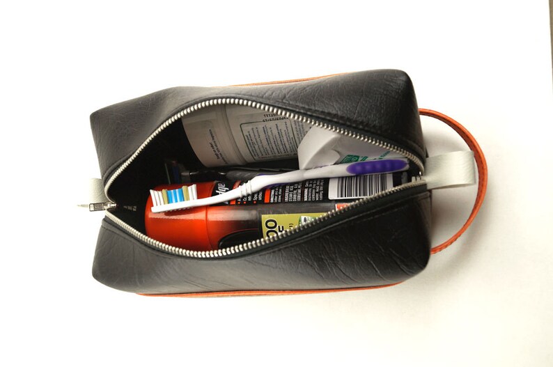 Mens Racing Stripe Dopp Kit Black Orange White, Travel Toiletry Bag, Shave Kit, Vegan Leather, Mens Gift Made In USA image 4