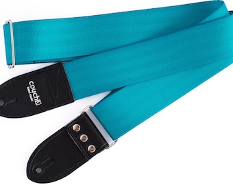 Recycled Blue-Green Seatbelt Guitar Strap, Bright Teal Turquoise Color, Made In USA Guitar Straps
