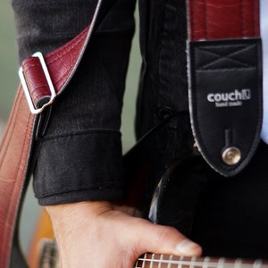 Dark Red Luggage Stitch Guitar Strap, Deep Grained Texture, Maroon Brick Oxblood Vegan Leather, Made In USA image 9