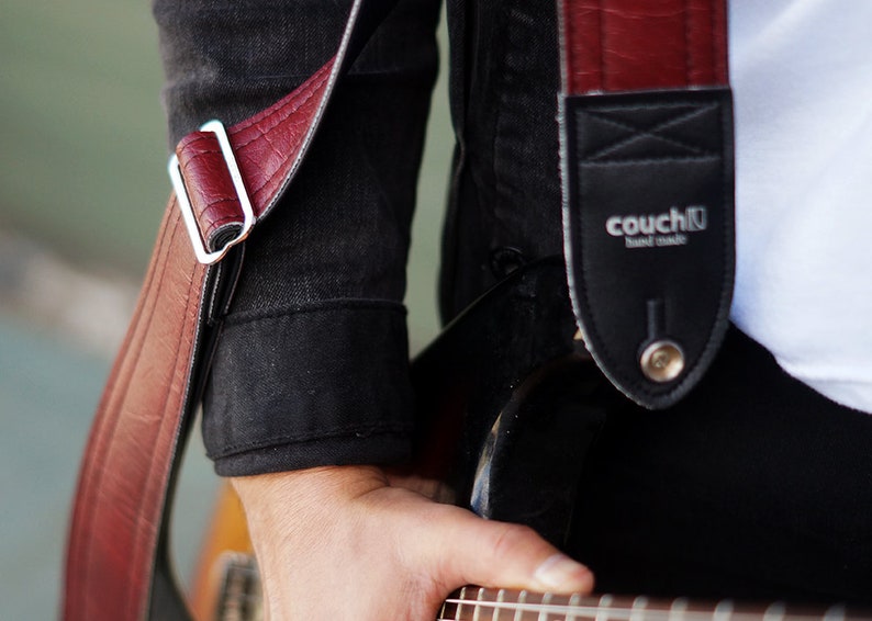 Dark Red Luggage Stitch Guitar Strap, Deep Grained Texture, Maroon Brick Oxblood Vegan Leather, Made In USA image 9