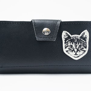 The Black Cat Womens Long Wallet- Holds Checkbook, Phone, Change, ReceiptsWith Zipper Pouch, Vegan Leather, Handmade