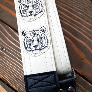 White Tiger Guitar Strap, Hand Sewn Tigers On White Vegan Leather, Made In USA image 4