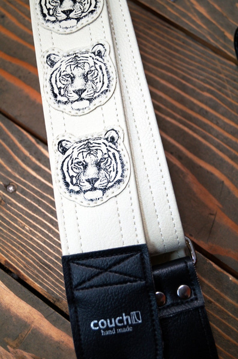 White Tiger Guitar Strap, Hand Sewn Tigers On White Vegan Leather, Made In USA image 4