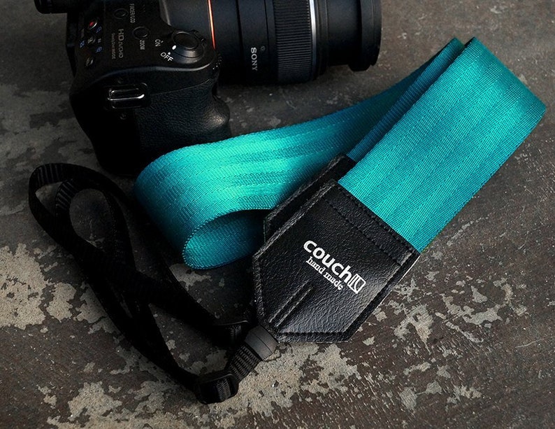 Recycled Teal Seatbelt Camera Shoulder Strap - Turquoise Camera Strap, Vegan, Made in USA 