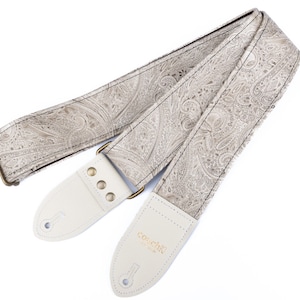 Ivory Paisley Vegan Leather Guitar Strap, Bronze Hardware, Made in