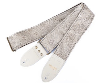 Ivory Paisley Vegan Leather Guitar Strap, Bronze Hardware, Made in USA