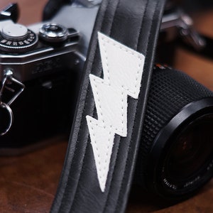 Slim Lightning Bolt Camera Strap- Handmade of Black Vegan Leather