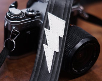 Slim Lightning Bolt Camera Strap- Handmade of Black Vegan Leather