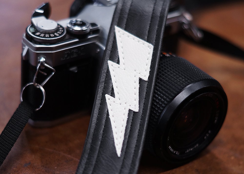 Slim Lightning Bolt Camera Strap- Handmade of Black Vegan Leather