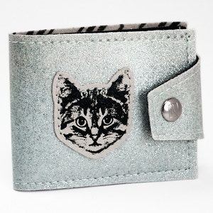 Silver Sparkle Cat Billfold Wallet- Hand Made of Super Fancy 60s Style Metal Flake Biker Sparkly Vegan Leather and a Rad Cat
