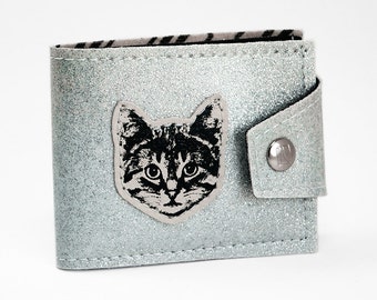 Silver Sparkle Cat Billfold Wallet- Hand Made of Super Fancy 60s Style Metal Flake Biker Sparkly Vegan Leather and a Rad Cat