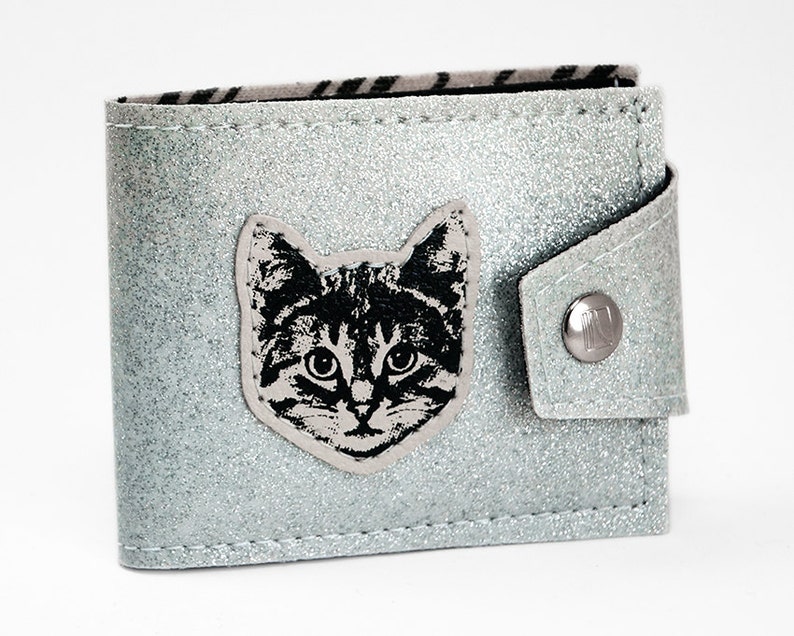Silver Sparkle Cat Billfold Wallet Hand Made of Super Fancy 60s Style Metal Flake Biker Sparkly Vegan Leather and a Rad Cat image 1