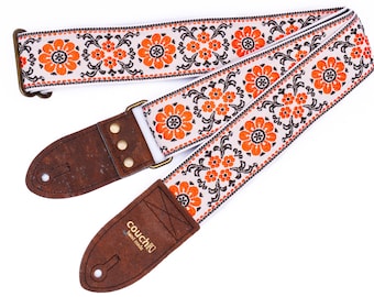 70s Floral Guitar Strap, Vegan Cork Leather, Handmade