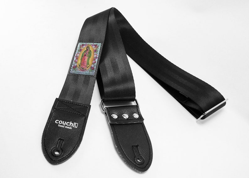 Mary Guadalupe Seat Belt Guitar Strap Vegan Eco Friendly Guitar Strap Black or Maroon image 1