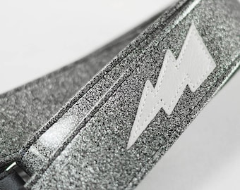 Sparkle Lightning Bolt Guitar Strap, 60s Biker Metal Flake Style Vegan Leather Silver or Black Sparkle You Choose