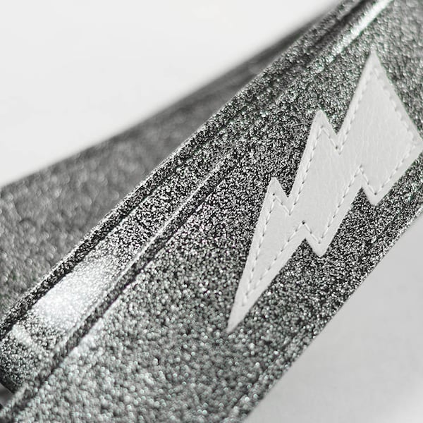 Sparkle Lightning Bolt Guitar Strap, 60s Biker Metal Flake Style Vegan Leather Silver or Black Sparkle You Choose