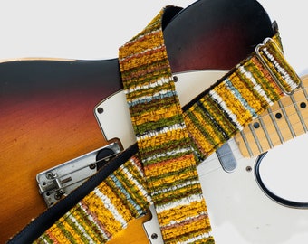 Sofa Soul 1970's Vintage Fabric Guitar Strap, Mustard Army And Sky Woven Fabric, Vegan Leather