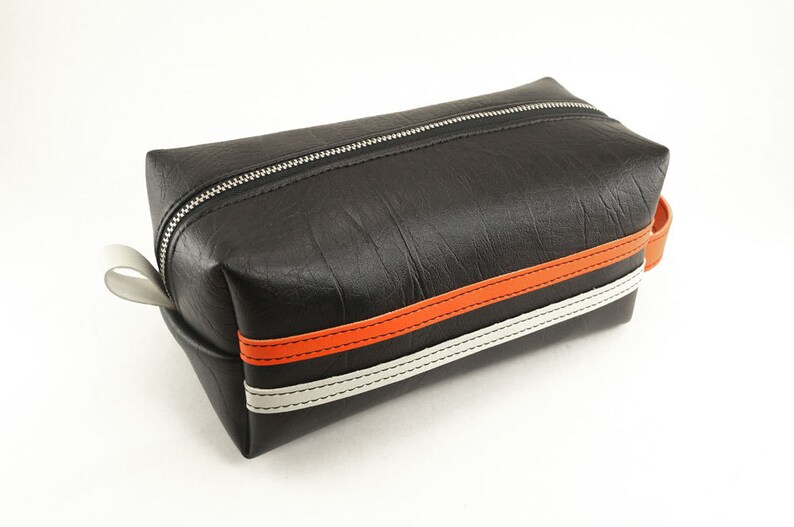 Mens Racing Stripe Dopp Kit Black Orange White, Travel Toiletry Bag, Shave Kit, Vegan Leather, Mens Gift Made In USA image 3