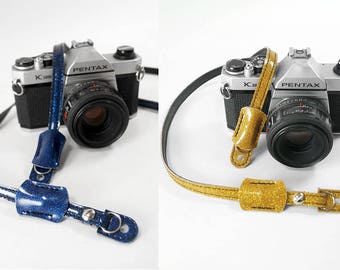 Gold Sparkle Slim Camera Strap Leica Vegan also Available in Blue Metal Flake Sparkle